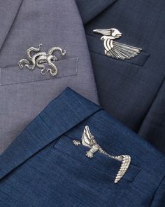 Meet our Pelican Deco Pocket Square, a unique and truly inventive take on a classic suit jacket accessory. This hand-carved pelican is full of intricate detail that instantly gets a crowd talking. Through magnets and a small piece of plastic, Jose cleverly crafted an adjustable pocket square insert that allows the design to sit upright while accommodating different pocket depths. For the man who has everything, we assure you he doesn't have anything like this yet! Please note that this pocket sq Mens Suit Jewelry, Wedding Suit Accessories For Men, Luxury Gifts For Him Men, Men Hand Accessories, Cool Accessories For Men, Men Accessories Man Stuff, Men’s Accessories, Men Accessories Aesthetic, Men’s Gifts