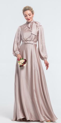 Modest Neutral Satin Bridesmaid Dresses Long Sleeves High Neck 1970s Pantsuit, Black Satin Bridesmaid Dress, Satin Bridesmaid Dresses Long, Modest Gowns, Black Dresses For Women, Carolina Dress, Neutral Bridesmaid Dresses, Dresses Long Sleeves, Long Sleeve Bridesmaid Dress