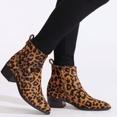 New With Box Calf Hair Boots With Leather Sole And Round Toe, Leopard Print Leather Pointed Toe Boots, Leopard Print Leather Boots With Pointed Toe, Leopard Print Pointed Toe Leather Boots, Calf Hair Boots With Round Toe For Fall, Leopard Print Leather Ankle Boots, Fall Boots With Branded Insole And Low Heel, Crazy Shoes, Veronica Beard