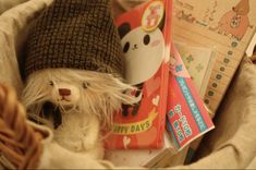 a stuffed animal is sitting in a basket with books and other stuff items on it