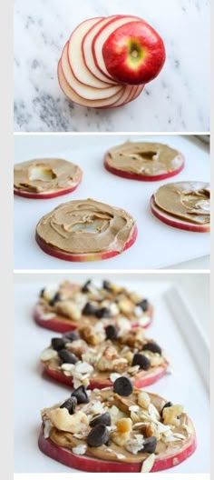 an image of apple slices with peanut butter and toppings on them in the process of being made