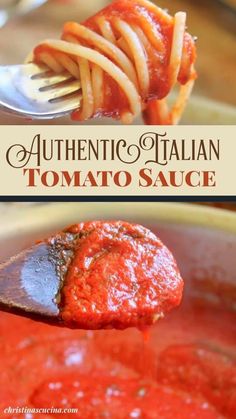 a spoon full of tomato sauce being lifted from a pot with spaghetti in it and the words authentic italian tomato sauce on top