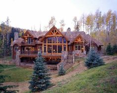 a large log cabin style home on the side of a hill