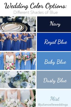 Shades of Blue Wedding Color Options: navy blue, royal blue, baby blue, dusty blue, and mist colors and wedding photos Blue Motif Wedding Color Palettes, Azure Blue Wedding Theme, Colbolt Blue Wedding Color Schemes, Blue And Silver Color Scheme, Blue Color Pallete Wedding, All Shades Of Blue Wedding, Blue Weddings Ideas, Light Blue And Grey Wedding Theme, April Wedding Themes