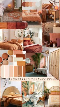 a collage of photos with different colors and furniture in it, including bedding, pillows