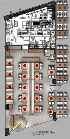 the floor plan for a restaurant with tables, chairs and other seating areas in it