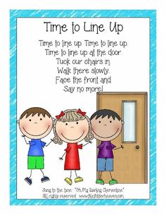 two children standing in front of a door with the words time to line up