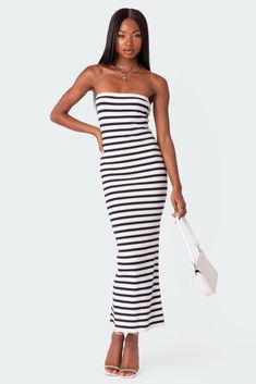 PRODUCT INFO Maxi dress Strapless fit Back slit Striped pattern Knit fabric Polyester, Rayon, Spandex Model wears size S Model height is 5'9 Item care: Wash with similar color Beach Party Outfits, Rib Sweater, Girls Maxi Dresses, Striped Knit Dress, Ribbed Sweater Dress, Swimwear Dress, Striped Maxi Dresses, Tube Dress, Knitting Women