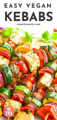 grilled vegetable kebabs with text overlay that reads easy vegan kebabs