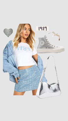 a woman in white shirt and denim skirt holding a handbag, sneakers and purse