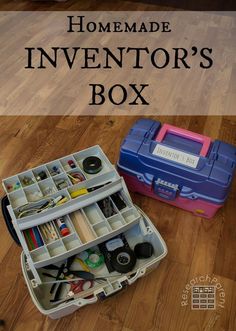 an open suitcase sitting on top of a wooden floor next to a box filled with items