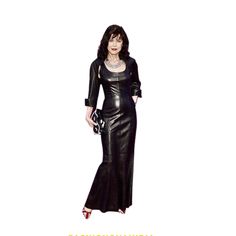 a woman in a long black leather dress with her hand on her hip and the words,