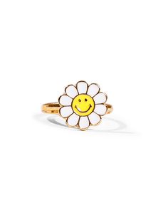 OFFICIAL COLLABORATION WITH SMILEY® Grow a garden of smiles with this adorable smiley daisy adjustable ring. Details: 14k gold plated brass ring Adjustable, fits all sizes Trendy Adjustable Rings For Spring, Trendy Adjustable Spring Rings, Spring White Flower Open Ring, Cute Daisy Shaped Jewelry For Summer, Trendy Adjustable Flower Ring, Adjustable Smiley Face Jewelry For Summer, Adjustable Flower-shaped Rings For Spring, Smiley Face Ring As Gift, Silver Smiley Ring