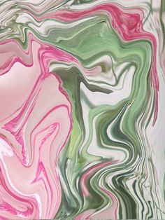 an abstract painting with pink, green and white colors