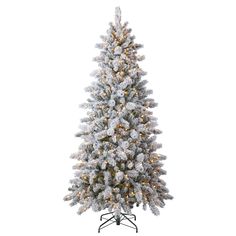 a white christmas tree with snow on the top and lights in the bottom corner, against a white background