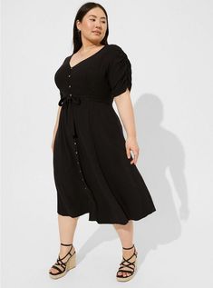 Midi Rayon Slub Button Front Tie DressPlus Size Midi Rayon Slub Button Front Tie Dress, DEEP BLACK Sukienki Plus Size, Tie Front Dress, Crop Top Sweatshirt, V Neck Midi Dress, Dress Images, Midi Short Sleeve Dress, Classy Women, Tie Dress, Favorite Dress