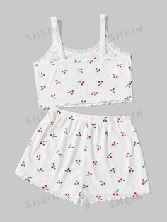 ROMWE Kawaii Cherry Print Knit Cami Pajama Set For Women | SHEIN USA White Sleeveless Summer Set, White Summer Sets In Short Length, White Vacation Sets Short Length, White Short Length Sets For Summer, White Short Length Summer Sets, White Summer Set With Shorts, White Summer Sets In Short Style, White Cotton Short Sets, White Short Summer Set