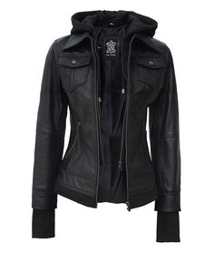 The Céleste Black Bomber Jacket With Removable Hood Affordable Black Leather Jacket For Winter, Cheap Leather Jacket With Pockets For Fall, Cheap Women's Biker Leather Jacket, Cheap Collared Leather Jacket With Pockets, Cheap Black Biker Jacket For Winter, Affordable Women's Biker Jacket For Work, Cheap Women's Biker Jacket For Streetwear, Affordable Long Sleeve Biker Jacket For Fall, Cheap Chic Long Sleeve Biker Jacket