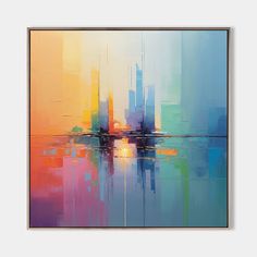 an abstract painting with bright colors on the water and buildings in the background, as seen from across the lake