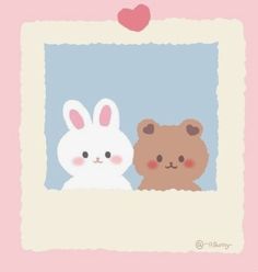 two teddy bears and a bunny in a pink frame with hearts on the wall behind them