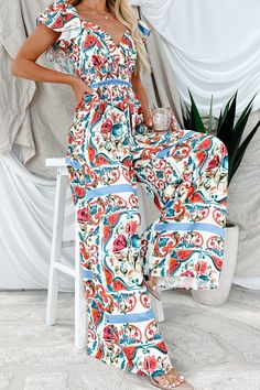 Embrace The Journey Printed Jumpsuit (Multi) - NanaMacs Casual Bodysuit, Embrace The Journey, Formal Dress Shops, Floral Abstract, Basic Dress, Printed Jumpsuit, Work Tops, Short Mini Dress, Shoes With Jeans