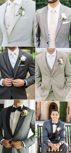 a collage of different men's suits with flowers on the lapel and tie