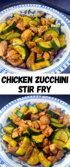 chicken zucchini stir fry is shown on two plates