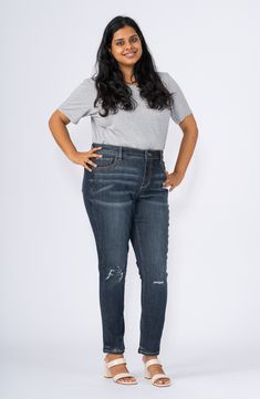 Stretchy skinnies with a legging-like fit and light distressing are ready to slide into regular rotation for denim day. 28" inseam; 13" leg opening; 11 1/4" front rise; 19" back rise 52% cotton, 29% rayon, 17% polyester, 2% spandex Machine wash, tumble dry Imported Jeans High Waist, Denim Day, Skirt Belt, Jeans Material, Denim Overalls, Plus Size Jeans, Tall Boots, High Jeans, Modern Fit