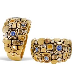 Designed by Alex Sepkus, "Little Window" dome ring features diamonds and sapphires. It is made of 18k yellow gold that has a unique, hand-applied finish. "Little Windows" dome ring is 12mm wide in the front tapering to 5mm in the back. The ring features 4 round brilliant cut blue sapphires totaling 0.27ct, and 9 white round brilliant cut diamonds (0.14ct total). This handmade band ships in a beautiful box. Free shipping, no tax! Alex Sepkus, Jewelry Wax, Art Jewelry Design, Lapis Lazuli Jewelry, Blue Stones, Dome Ring, Domed Ring, Fine Jewelry Designers, Lovely Things