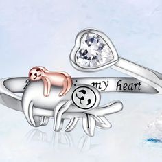 Sloth Mom And Baby Adjustable Opening Ring With Words "Always In My Heart" White Gold And Rose Gold Plated Alloy. Free People Rings, Emerald Green Stone, Always In My Heart, Gold Diamond Wedding Band, Luxury Rings, White Gold Diamond Rings, Wide Band Rings, Modern Ring, Zircon Ring