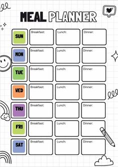 a meal planner with food items on it and the words'meal planner'in different colors