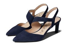 Calvin Klein Larin - Women's Shoes : Navy Suede : The Calvin Klein Larin adds a touch of elegance to your everyday style with a strap that curves across the instep and continues to the heel. Slip on style. Sling back pump in a pointed toe silhouette. Low profile heel. Leather upper. Man made lining and outsole. Imported. Measurements: Heel Height: 3 in Weight: 8.25 oz Product measurements were taken using size 9, width M. Please note that measurements may vary by size. Elegant Calvin Klein Heels With Padded Heel, Calvin Klein 4-inch Heels For Spring, Elegant Calvin Klein Low Heel Heels, Spring Calvin Klein 4-inch Heels, Calvin Klein Ankle Strap Heels With Wrapped Heel, Calvin Klein Heels With Heel Strap For Spring, Calvin Klein Heels With Ankle Strap, Modern Calvin Klein Ankle Strap Heels, Elegant Calvin Klein Leather Sandals