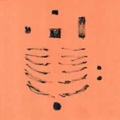 a drawing of a skeleton on an orange background with black dots in the bottom left corner