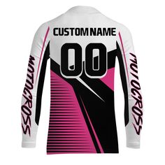 a long sleeved shirt with the words custom name and number in pink, black and white