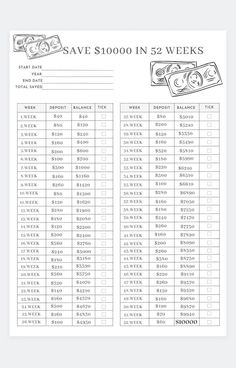 a printable savings sheet with money on it and the words save $ 1, 000 in