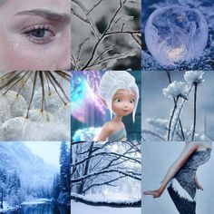 a collage of photos with snow and trees in the background, including an image of a woman's face