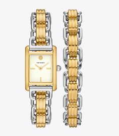 Mini Eleanor Double Wrap Watch, Two-Tone Stainless Steel: Women's Designer Strap Watches | Tory Burch Womens Designer Watches, Mini Bracelet, Watches Women Leather, Bangle Watches, White Dial, Steel Watch, Stainless Steel Watch, Wrap Watch, Watch Collection