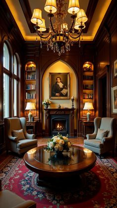 a living room filled with lots of furniture and a chandelier hanging from the ceiling