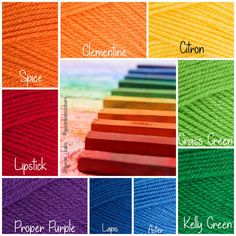 different colors of yarn with the names of them in each color and text below it