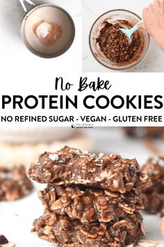 no - bake protein cookies stacked on top of each other with the title text overlay