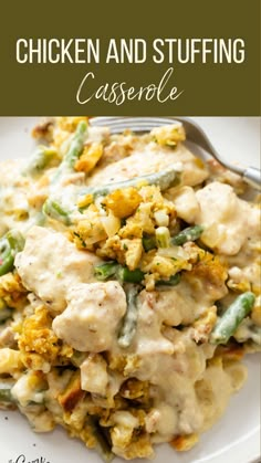 chicken and stuffing casserole on a white plate with a green border around it