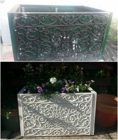 two pictures of an outdoor planter with flowers in it and the same one is painted white