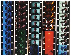 the film strip has multiple pictures of men in different colors and sizes on it,