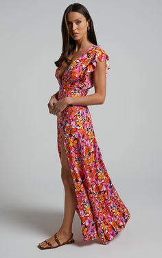 Dyliah Midi Dress - Thigh Split Frill Shoulder Plunge Neck Dress in Spring Floral | Showpo USA Fitted V-neck Floor-length Summer Dress, Flirty V-neck Maxi Dress For The Beach, Elegant Floral Print Dress With Split, Elegant Floral Print Maxi Dress With Split, Elegant Floral Print Split Maxi Dress, Chic Floral Print Dress With Split, Elegant Split Maxi Dress With Floral Print, Chic Split Dress With Floral Print, Fitted V-neck Dress With Side Slits