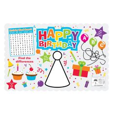 a happy birthday card with cupcakes and gifts on the front, and a calendar for