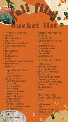 an orange and white poster with words on it that read all film bucket list for halloween