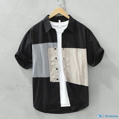 OrcaJump - Striped Patchwork Short Sleeve Shirt: Lightweight, Fashionable, and Relaxed Casual Dress Casual Black Shirt With Patchwork, Casual Black Patchwork Shirt, Black Cotton Shirt With Contrast Color, Black Summer Shirt With Color Block, Black Color Block Shirt For Summer, Black Shirt With Contrast Color For Summer, Casual Spliced Shirt For Summer, Black Shirt With Contrast Details For Summer, Summer Black Color Block Shirt