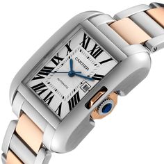 Cartier Tank Anglaise Large Steel Rose Gold Mens Watch W5310037. Automatic self-winding movement. Stainless steel and 18K rose gold rectangle case 39.2 mm x 29.8 mm. Case thickness: 9.5 mm. Crown set with a faceted blue spinel. . Scratch resistant sapphire crystal. Silver guilloche dial with black Roman numerals. Sword shaped blued steel hands. Secret Cartier signature at VII. Date window at 3 o'clock aperture. Stainless steel and 18K rose gold bracelet with hidden butterfly clasp. Fits 7" wrist Cartier Tank Anglaise, Cartier Calibre, Mens Rose Gold Watch, Case 39, Blue Spinel, Cartier Tank, Rose Gold Case, Zoom Call, Rose Gold Bracelet