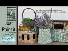 three baskets with plants in them sitting next to each other