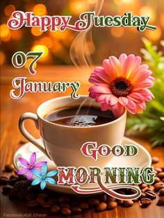 a cup of coffee with a pink flower on it and the words happy tuesday, january 7